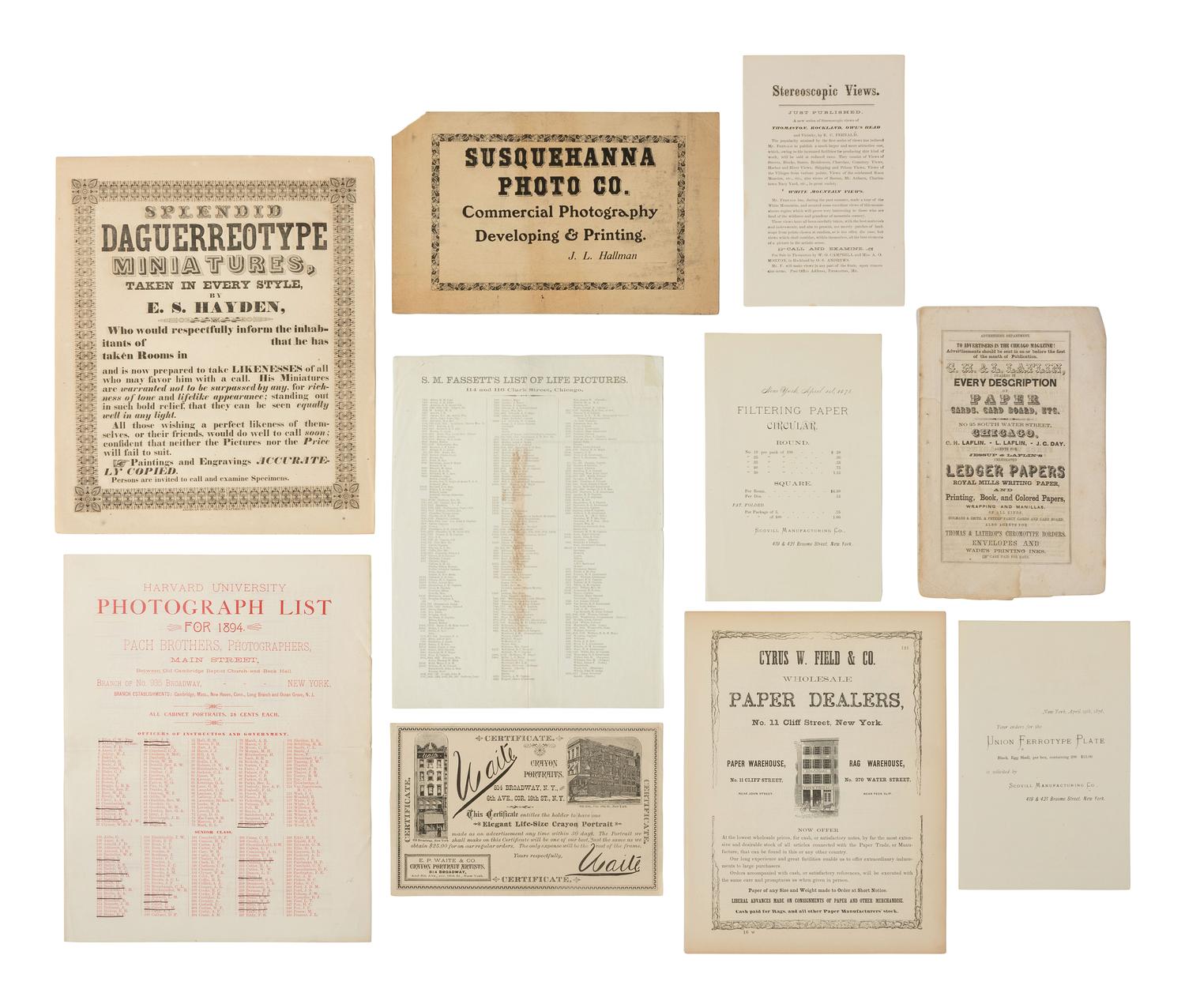 [EARLY PHOTOGRAPHY]. A large assortment of photographers' advertising cards, sheets, and signage.