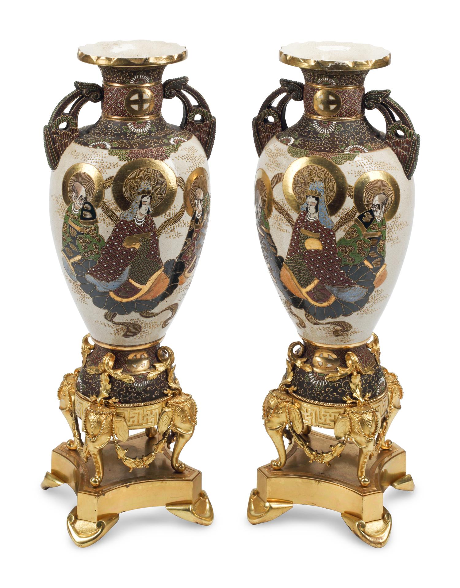 A Pair of Satsuma Porcelain and French Gilt Bronze Mounted Vases