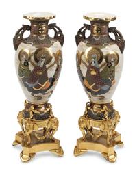 A Pair of Satsuma Porcelain and French Gilt Bronze Mounted Vases