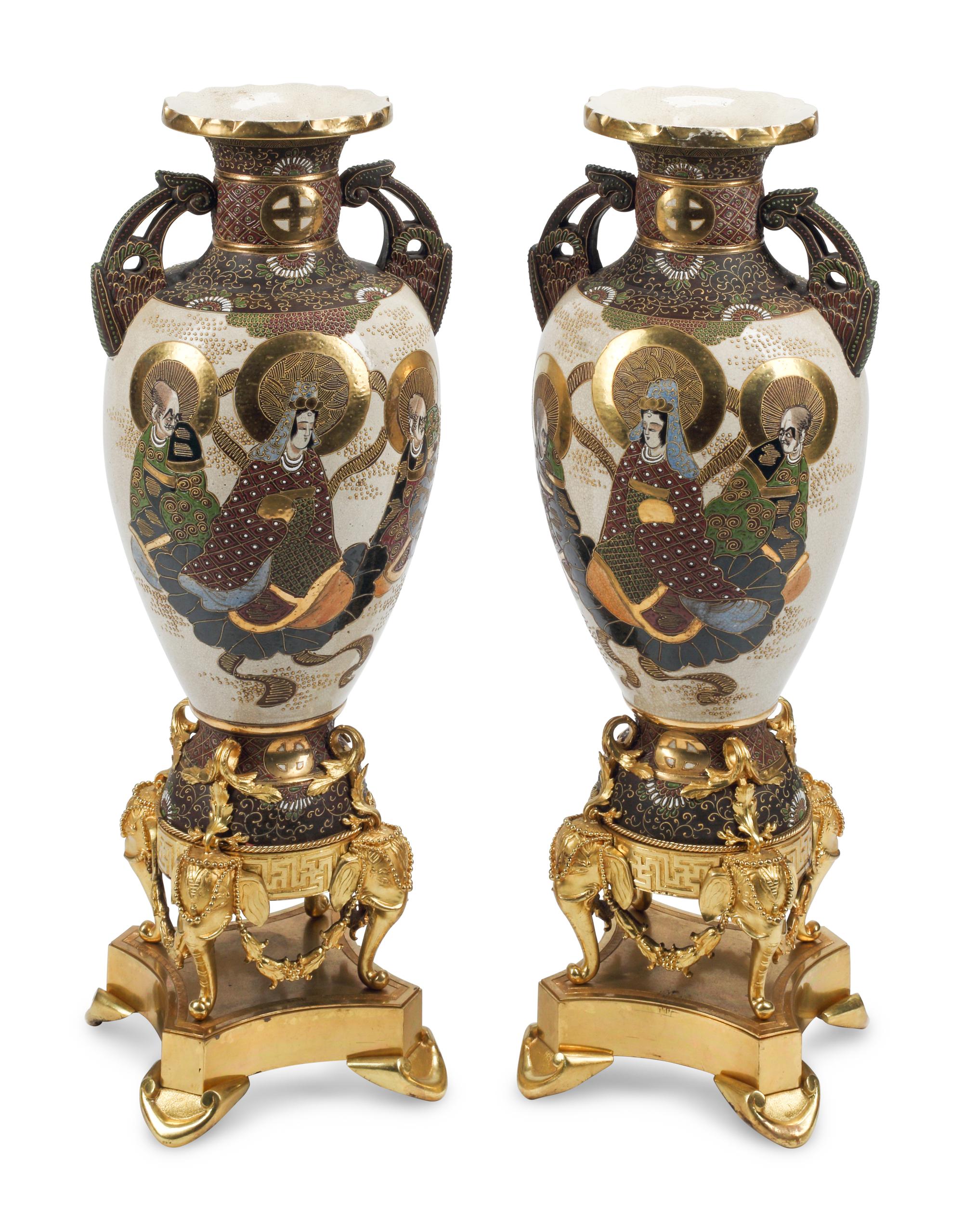 A Pair of Satsuma Porcelain and French Gilt Bronze Mounted Vases