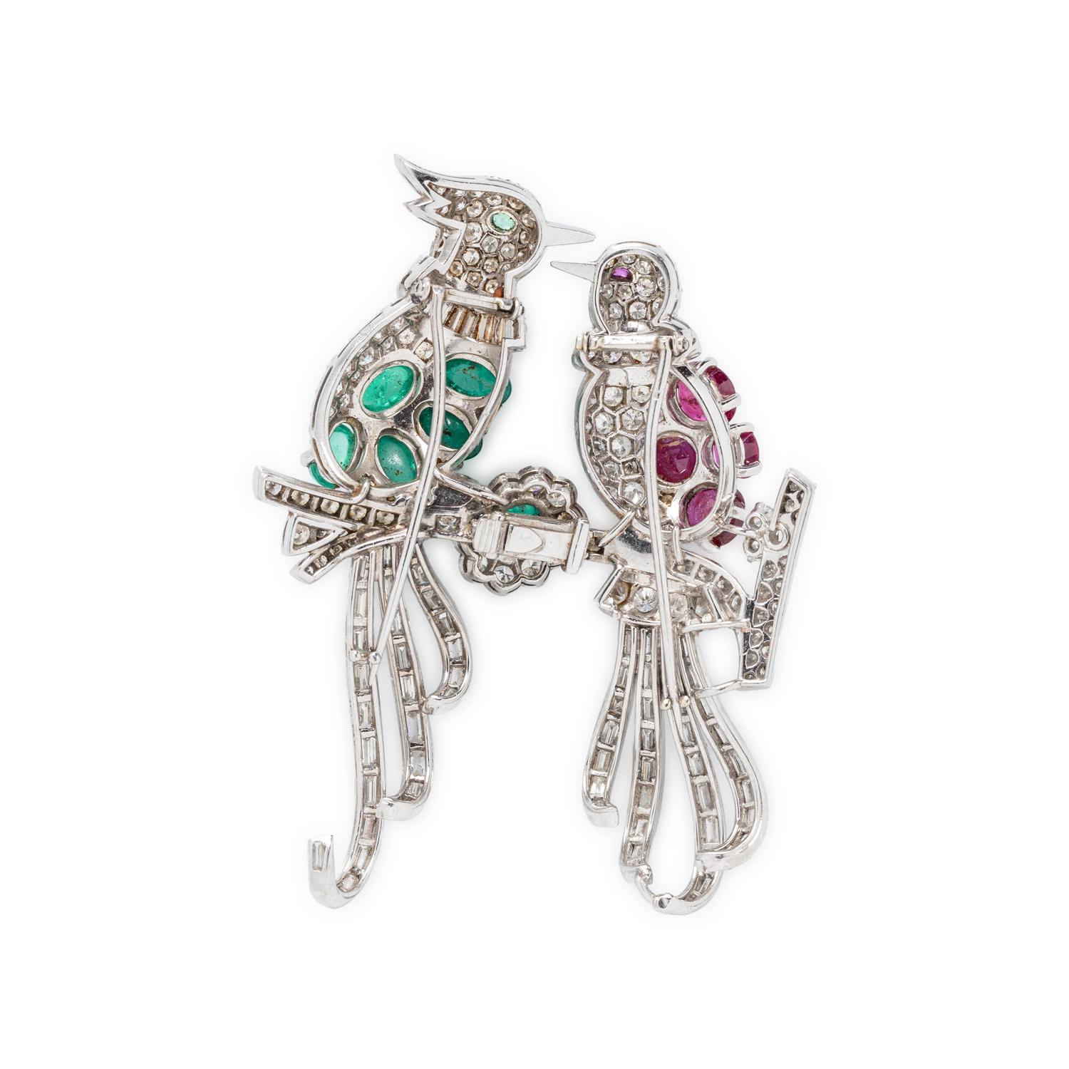 FRENCH, DIAMOND, EMERALD AND RUBY CONVERTIBLE BIRD BROOCH