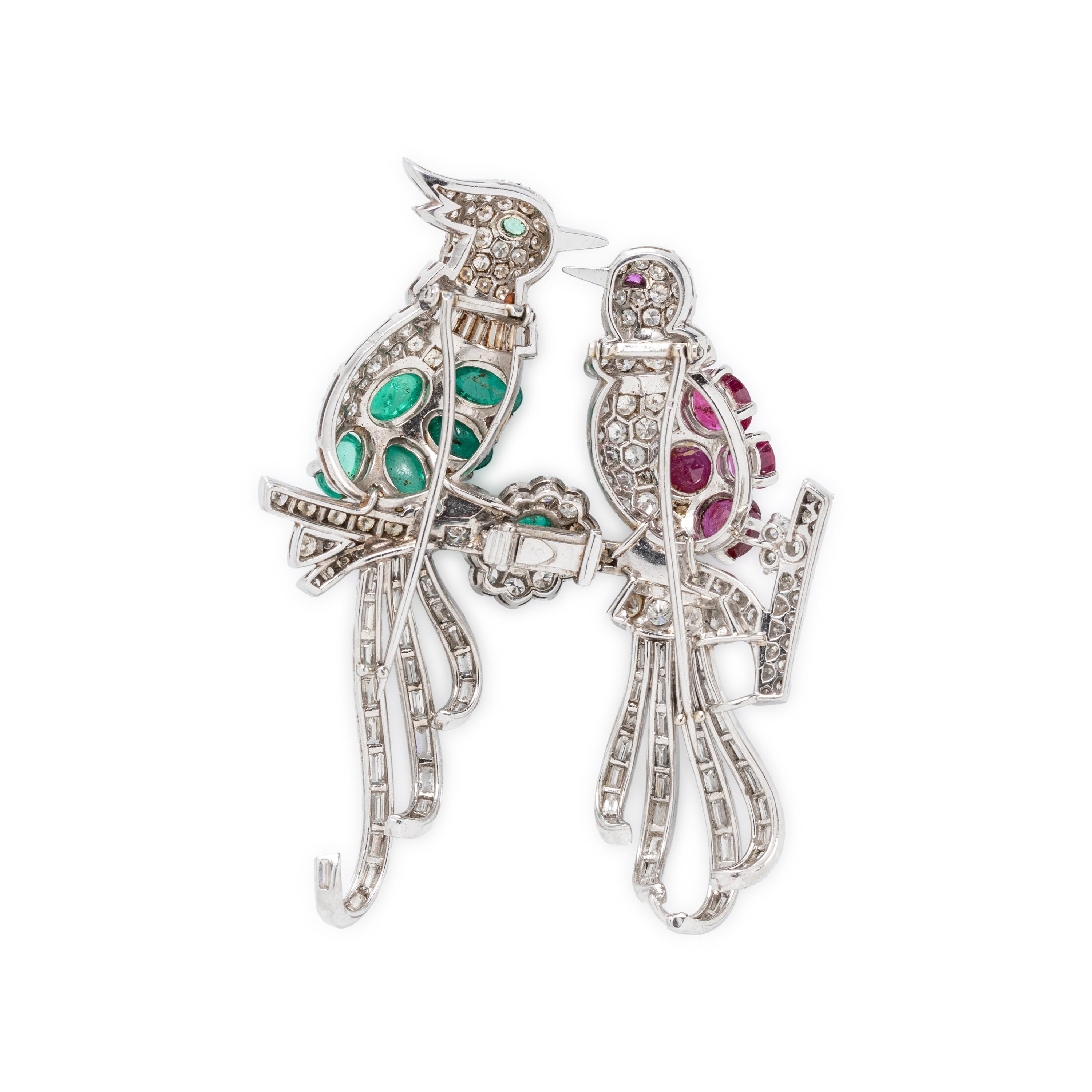 FRENCH, DIAMOND, EMERALD AND RUBY CONVERTIBLE BIRD BROOCH