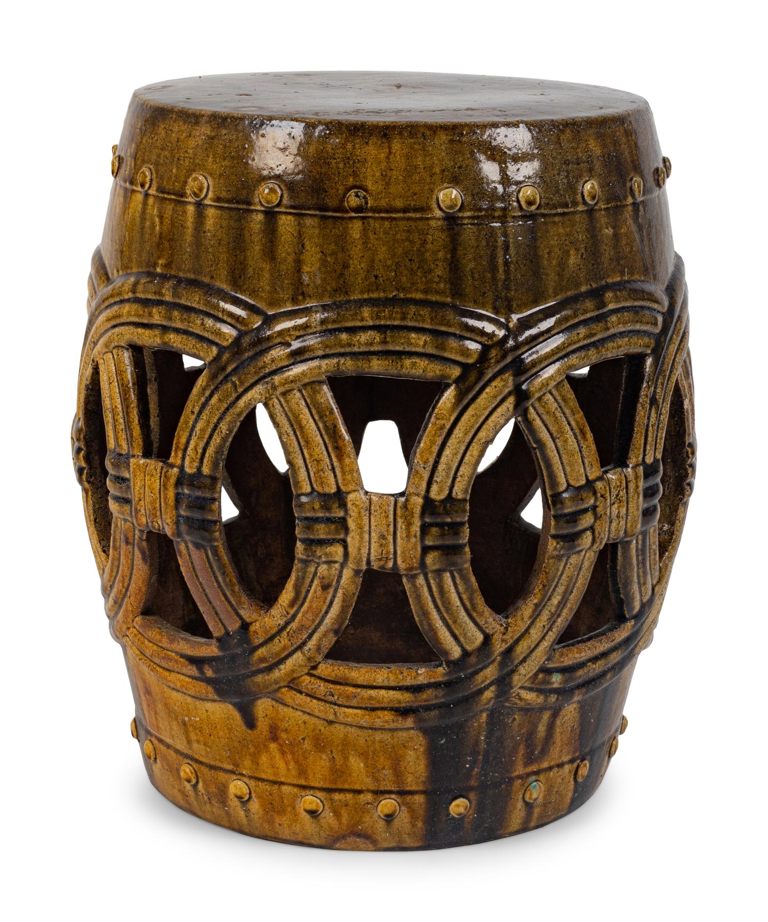 A Glazed Ceramic Barrell-Form Garden Seat