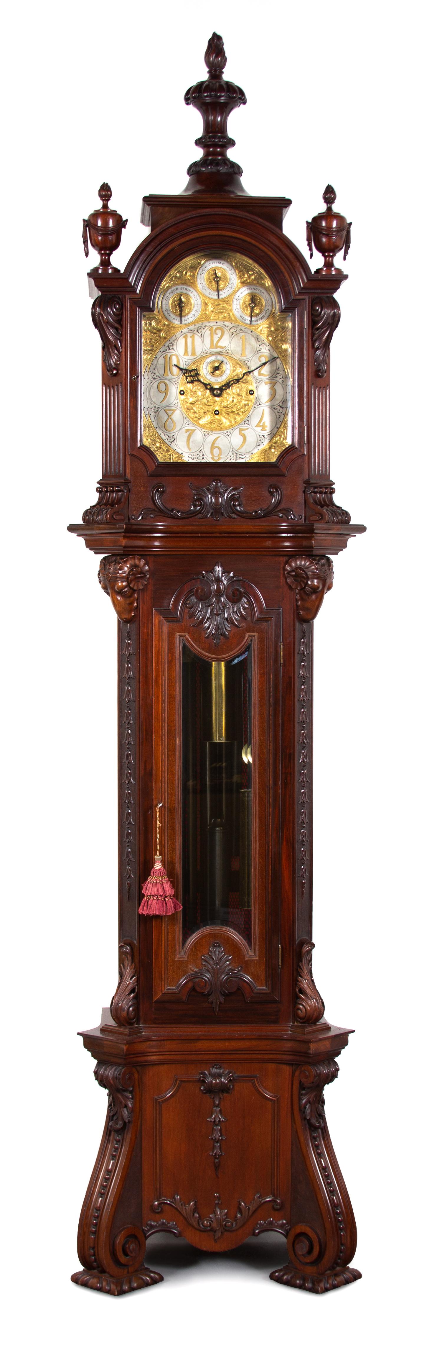 A Monumental English Carved Mahogany Tall Case Clock Height 114 inches. — 20TH CENTURY