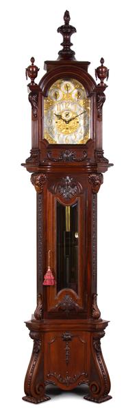 A Monumental English Carved Mahogany Tall Case Clock Height 114 inches. — 20TH CENTURY