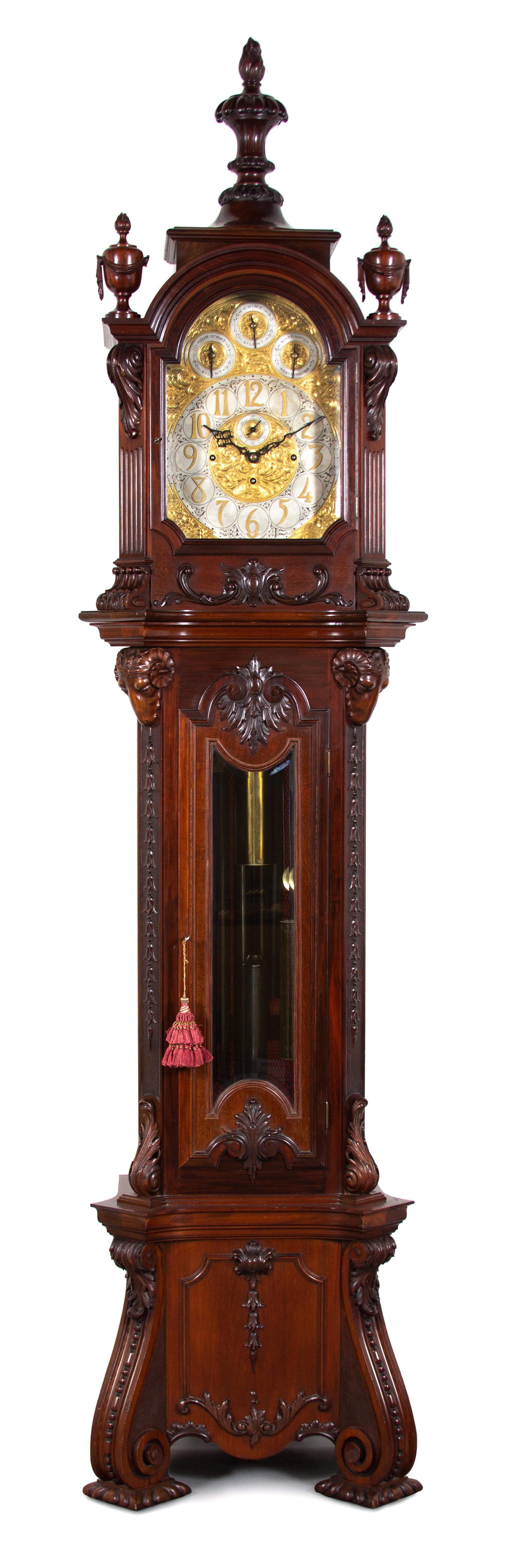 A Monumental English Carved Mahogany Tall Case Clock Height 114 inches. — 20TH CENTURY