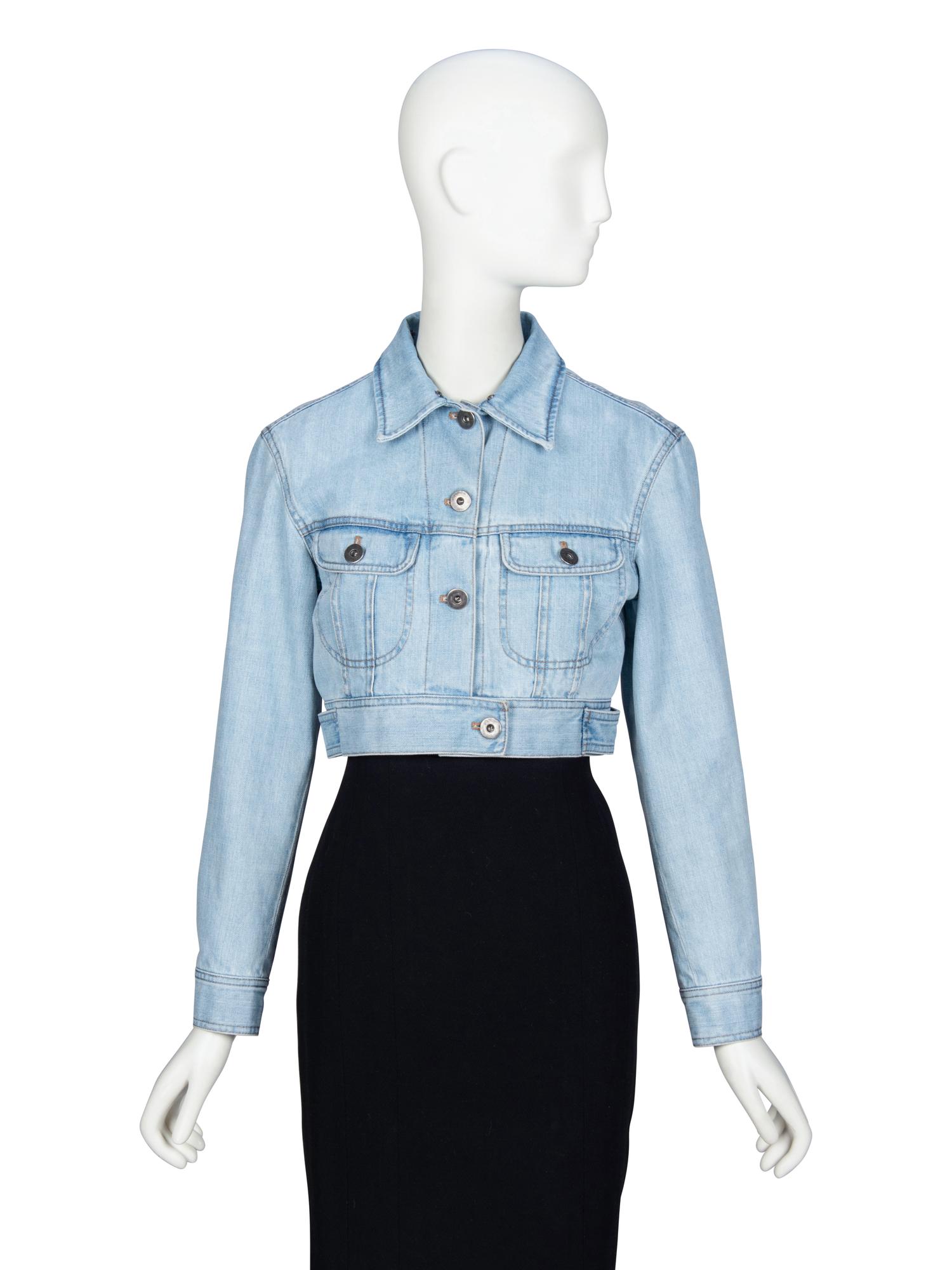 PRADA, FEATHER COLLAR CROP DENIM JACKET