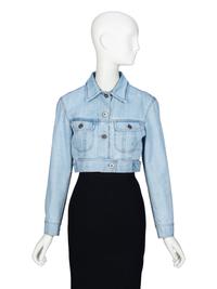 PRADA, FEATHER COLLAR CROP DENIM JACKET