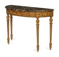 An Italian Painted and Parcel Gilt Demilune Console Table with Marble Top