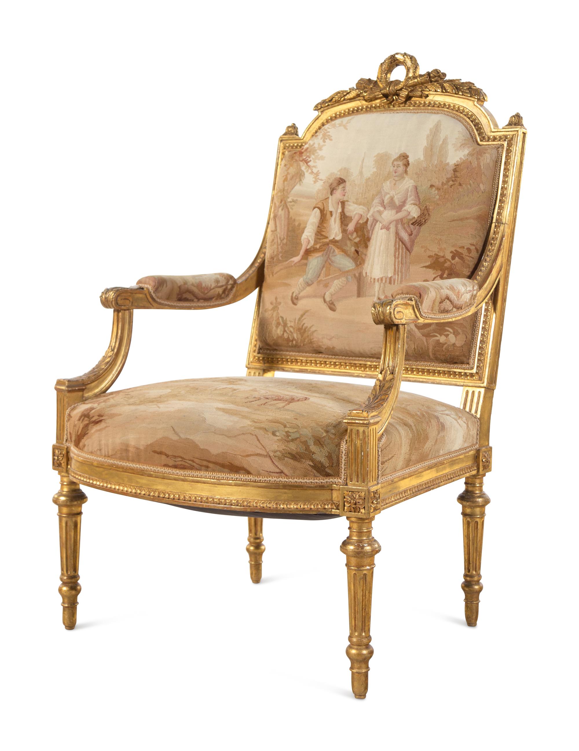 A Louis XVI Style Giltwood Seven-Piece Seating Suite with Aubusson Tapestry Upholstery