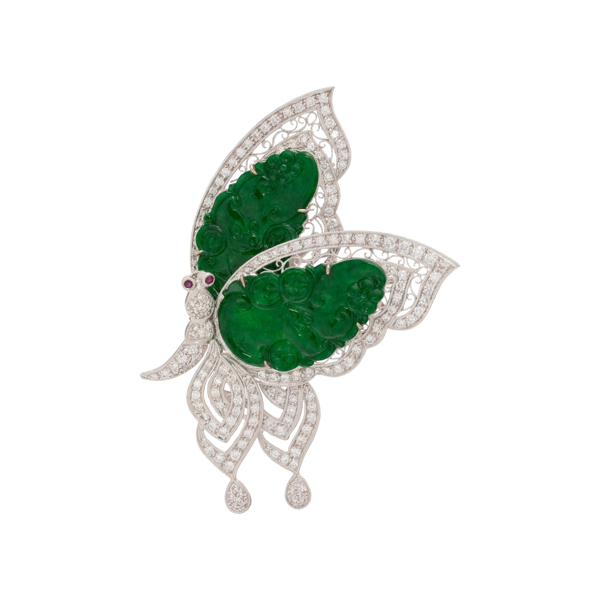 CARVED JADEITE AND DIAMOND BUTTERFLY BROOCH