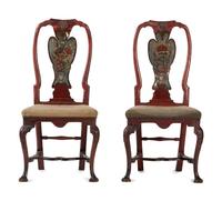 A Pair of Dutch Rococo Shell-Carved, Red Painted and Polychrome Decorated Side Chairs