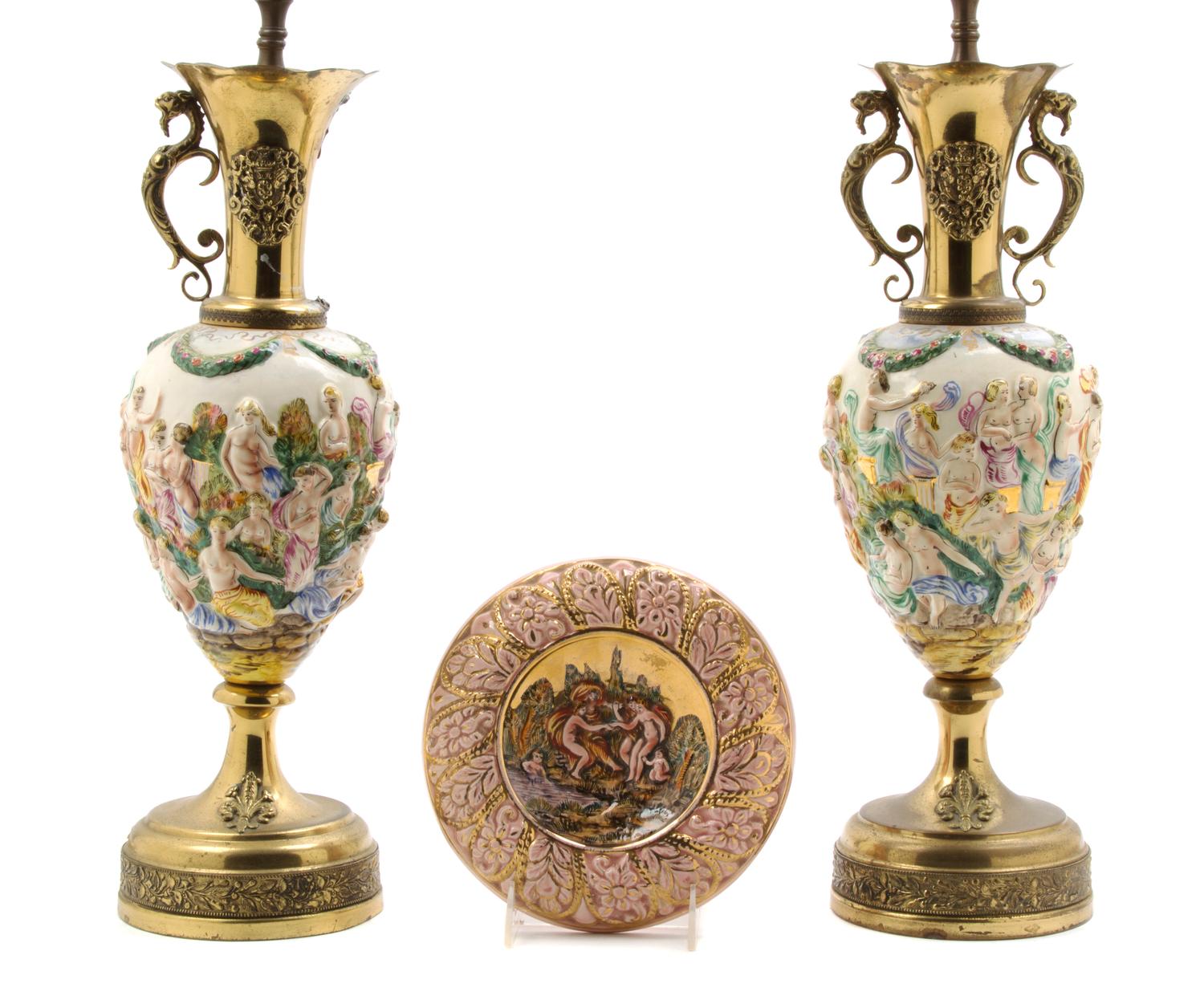 A Pair of Capodimonte Porcelain Urns, Height of pair overall 28 1/2 inches.