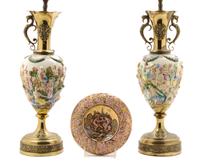 A Pair of Capodimonte Porcelain Urns, Height of pair overall 28 1/2 inches.