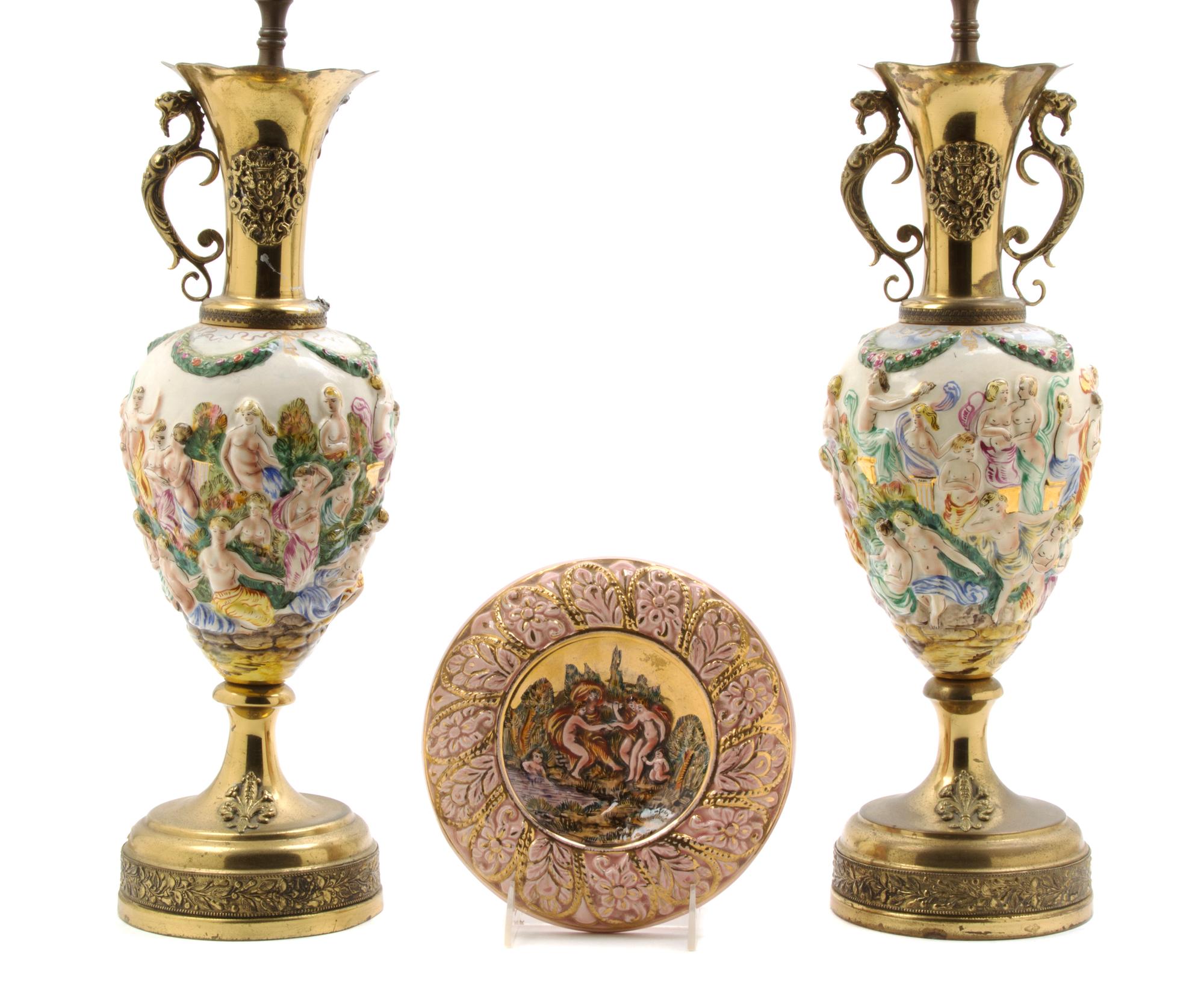 A Pair of Capodimonte Porcelain Urns, Height of pair overall 28 1/2 inches.