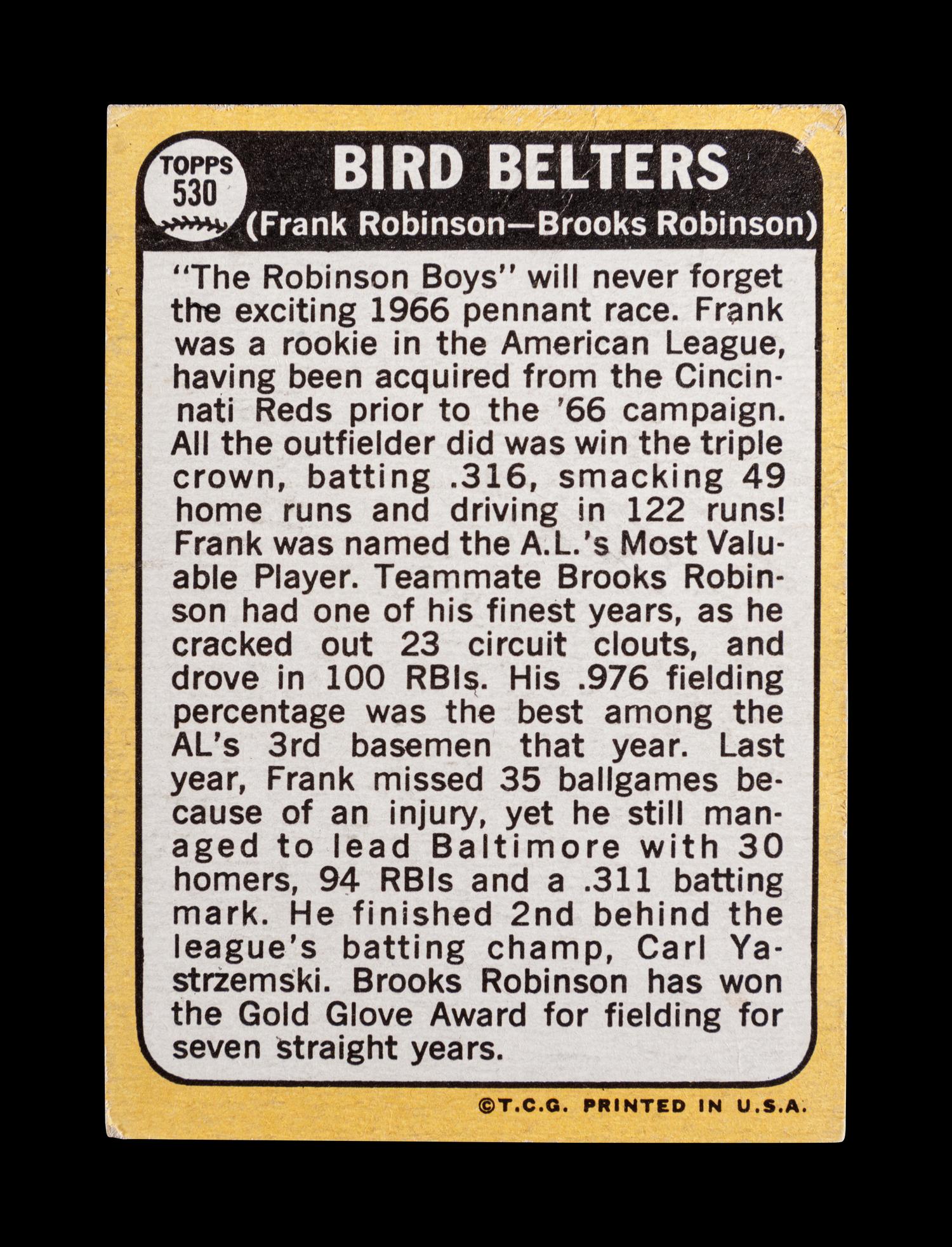 A 1968 Topps Bird Belters Card No. 530 Signed by Frank Robinson and Brooks Robinson