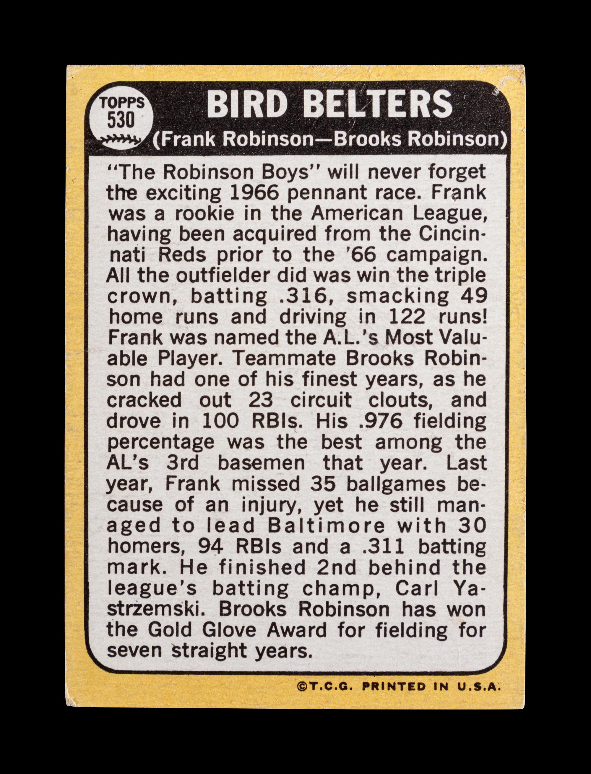 A 1968 Topps Bird Belters Card No. 530 Signed by Frank Robinson and Brooks Robinson