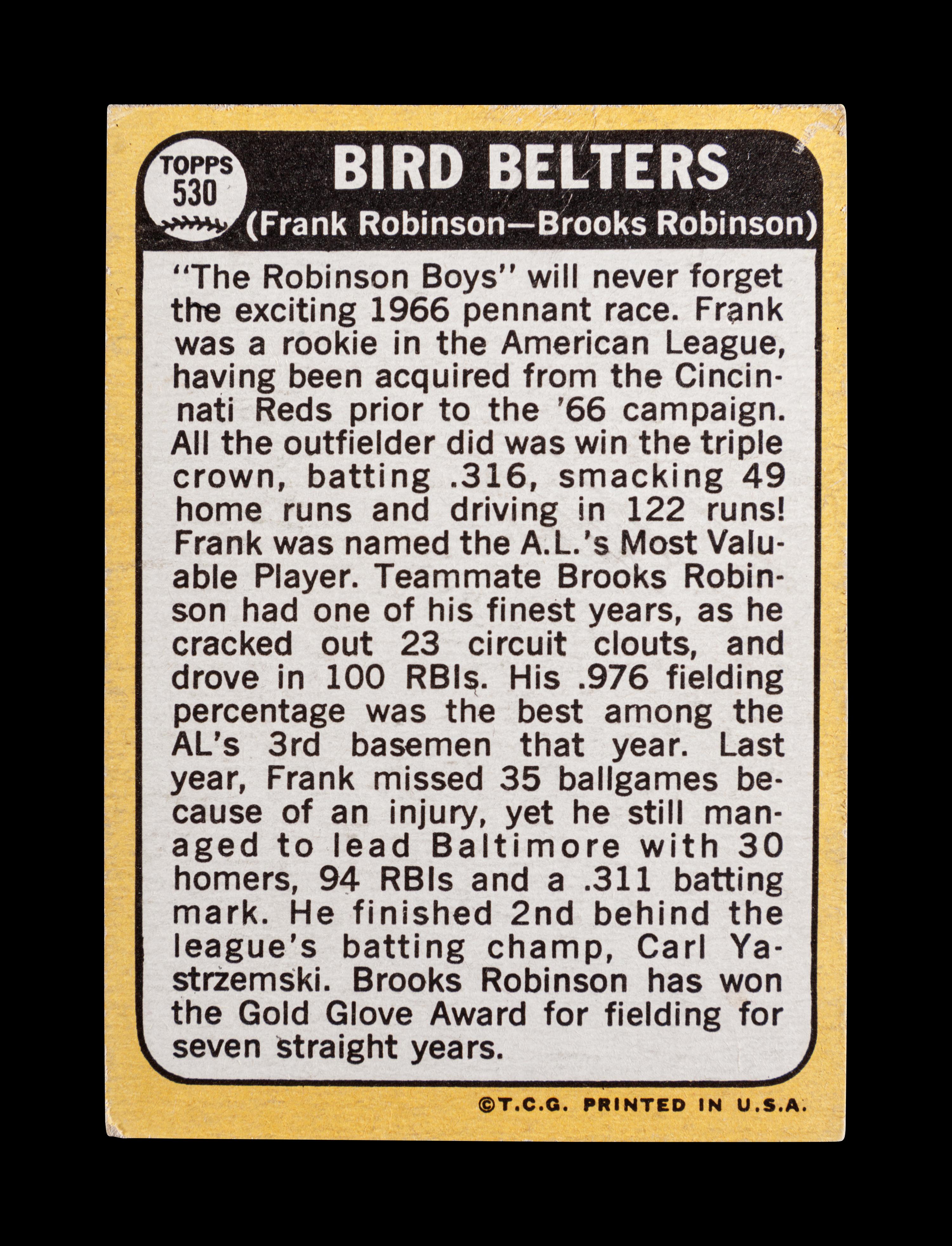 A 1968 Topps Bird Belters Card No. 530 Signed by Frank Robinson and Brooks Robinson