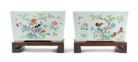 A Pair of Famille Rose Porcelain Jardinieres LIKELY MID-LATE QING DYNASTY Height of jardiniere 7 5/8 x width 13 1/4 inches. — LIKELY MID-LATE QING DYNASTY