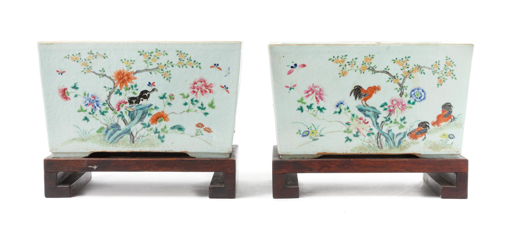A Pair of Famille Rose Porcelain Jardinieres LIKELY MID-LATE QING DYNASTY Height of jardiniere 7 5/8 x width 13 1/4 inches. — LIKELY MID-LATE QING DYNASTY