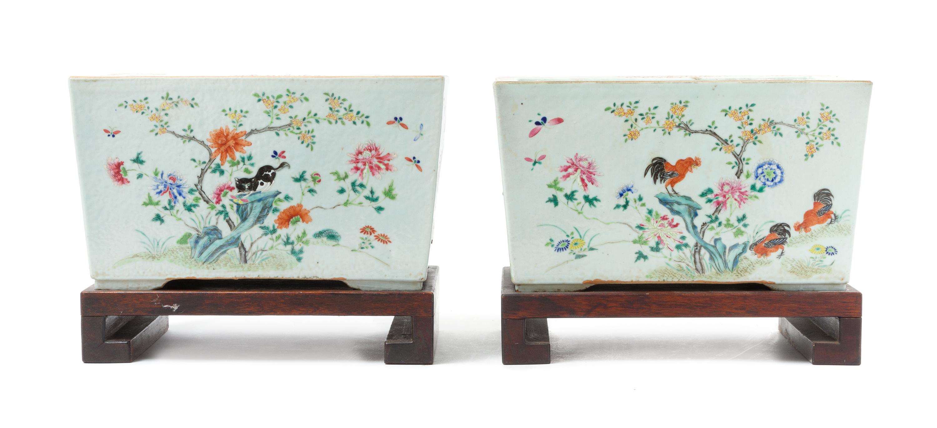 A Pair of Famille Rose Porcelain Jardinieres LIKELY MID-LATE QING DYNASTY Height of jardiniere 7 5/8 x width 13 1/4 inches. — LIKELY MID-LATE QING DYNASTY
