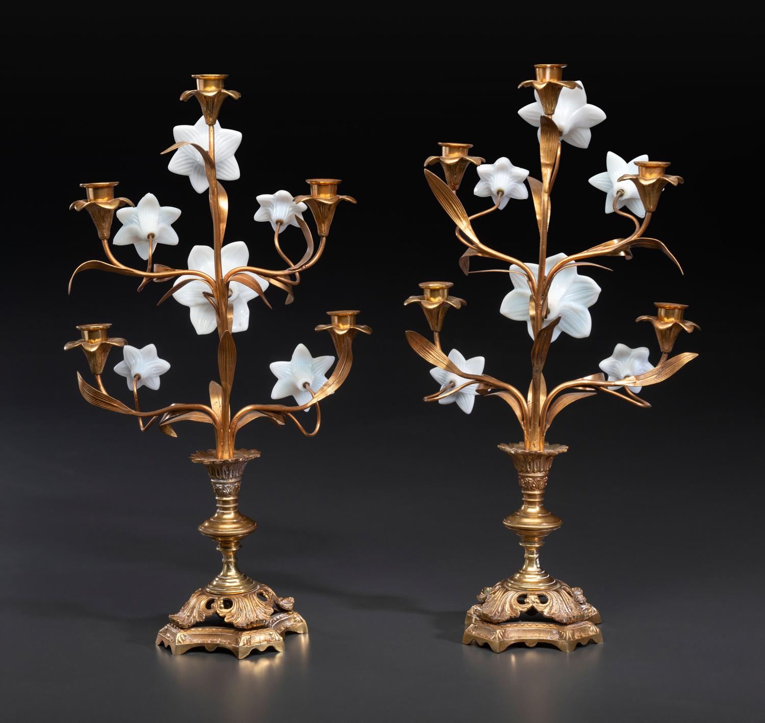 A Pair of French Gilt Metal and Opaline Glass Five-Light Floral Candelabra