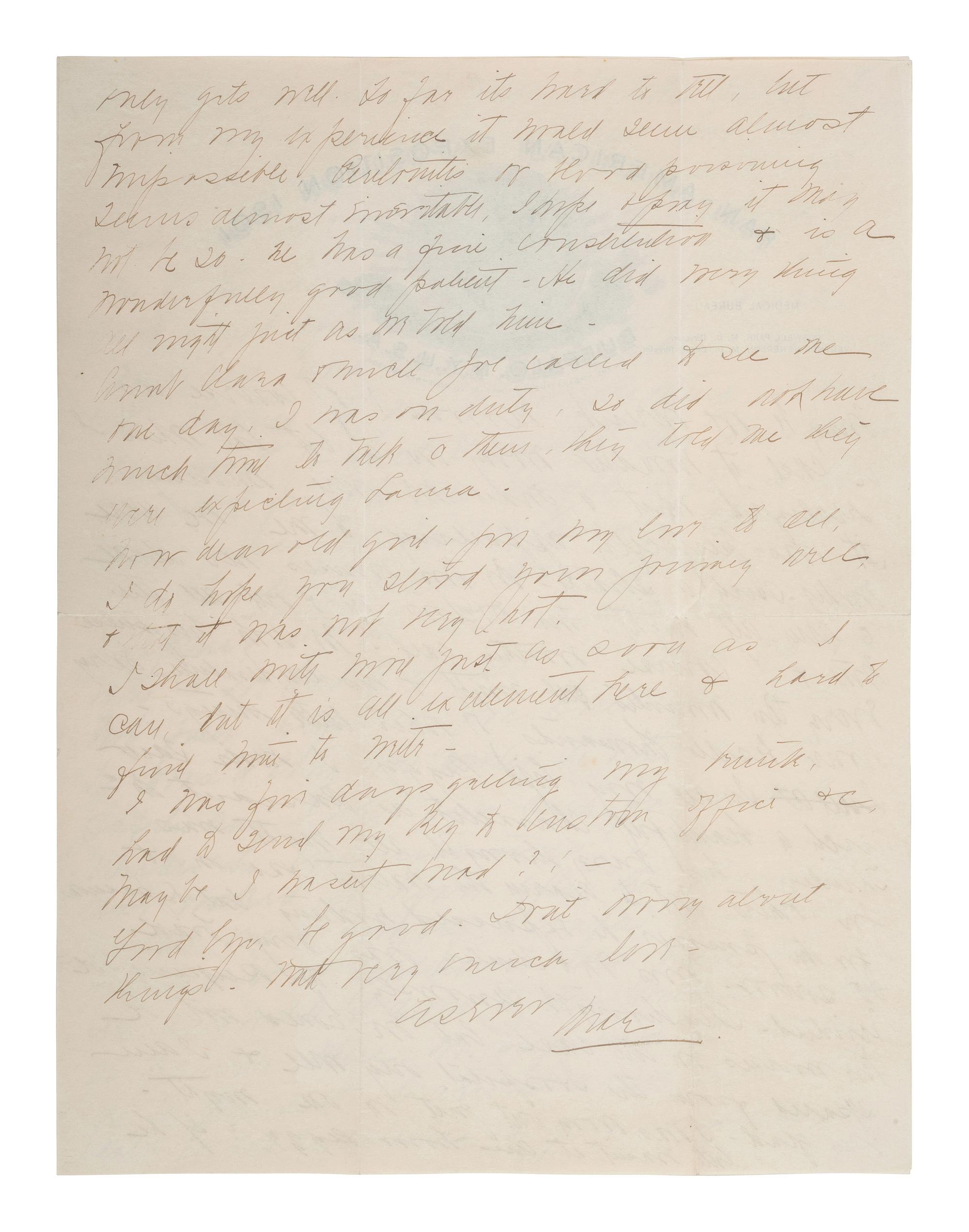 [MCKINLEY, William (1843-1901).] Detailed letter describing President McKinley's medical condition in the immediate aftermath of the assassination attempt, written by one of the nurses who attended to him.