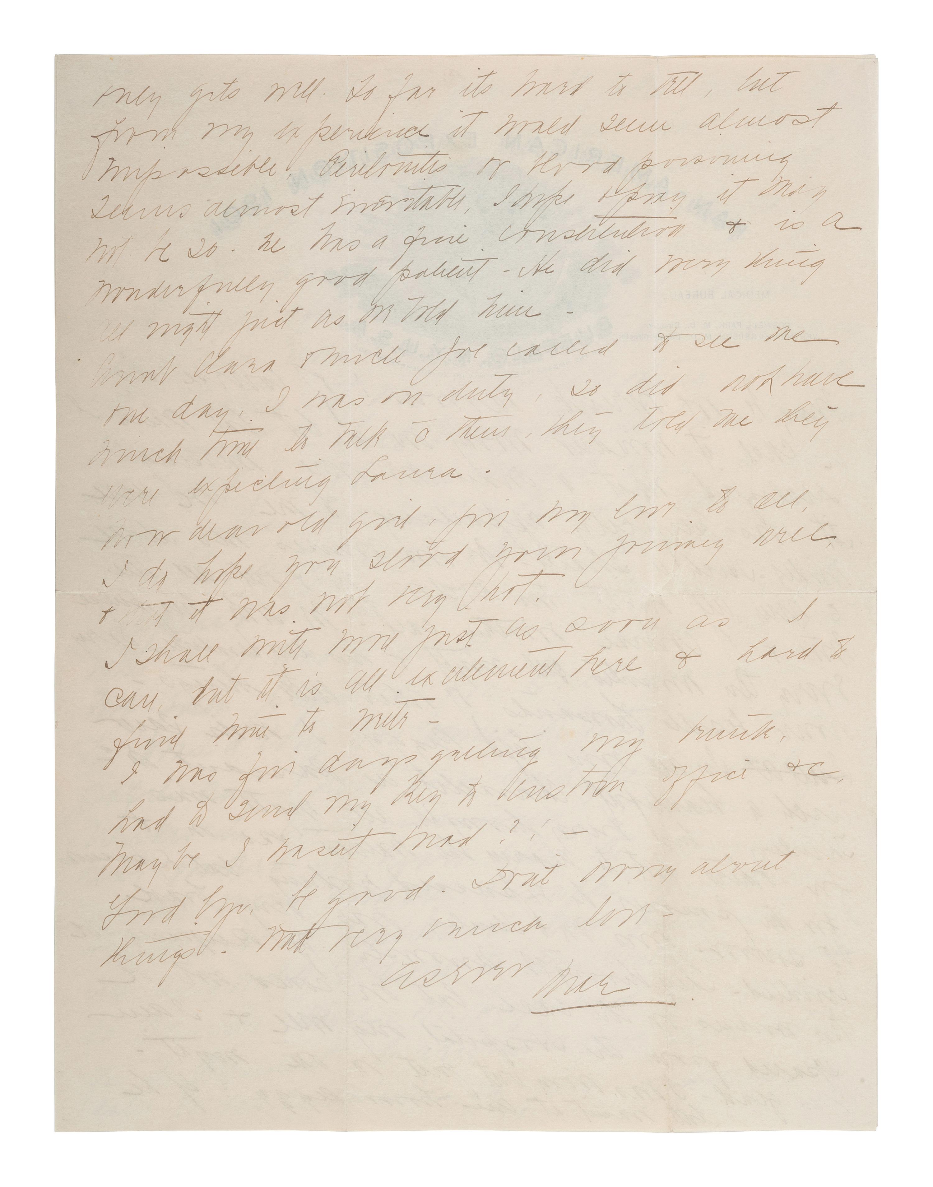 [MCKINLEY, William (1843-1901).] Detailed letter describing President McKinley's medical condition in the immediate aftermath of the assassination attempt, written by one of the nurses who attended to him.