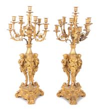 A Pair of French Gilt Bronze Ten-Light Candelabra Height 35 inches.