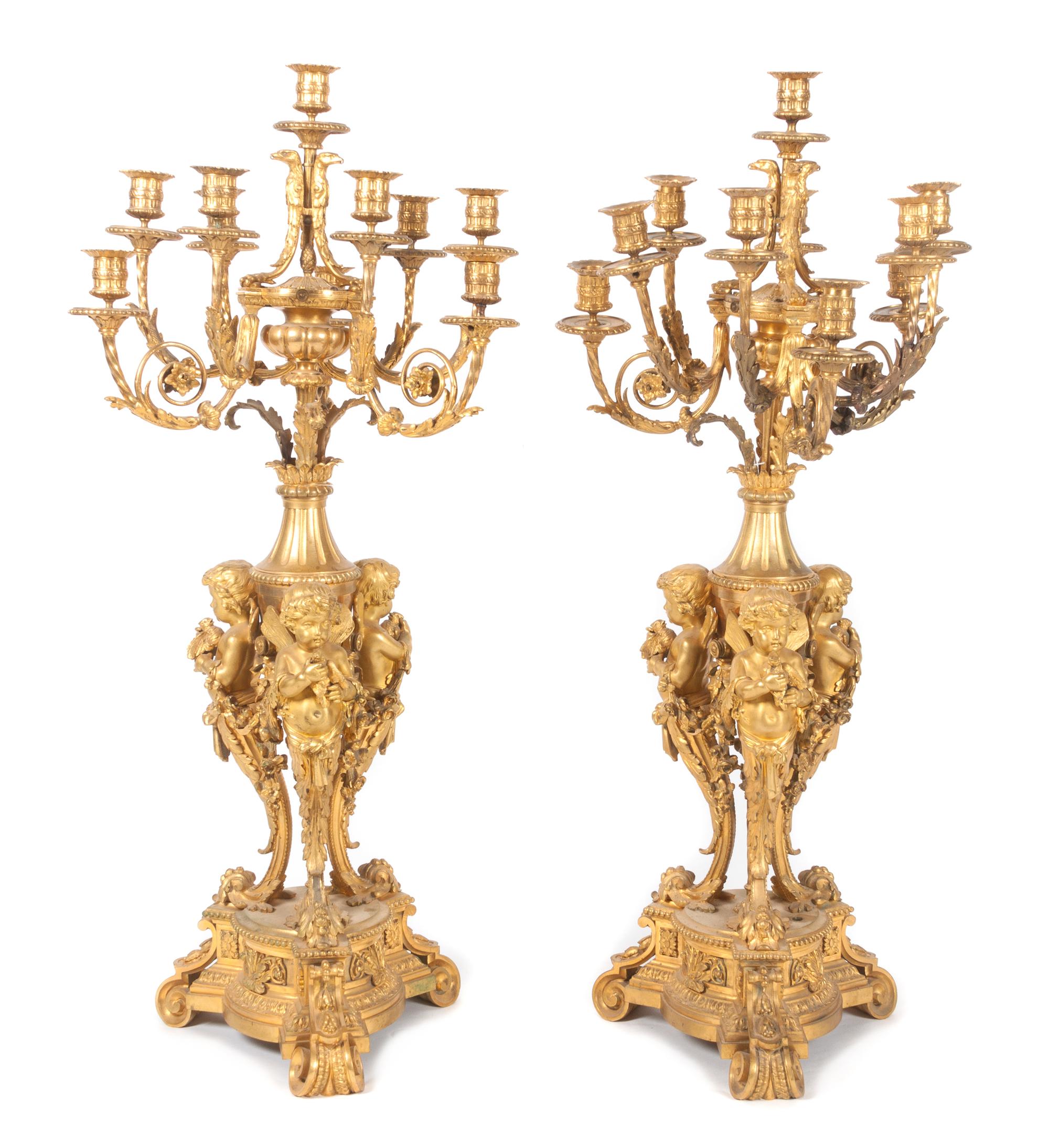 A Pair of French Gilt Bronze Ten-Light Candelabra Height 35 inches.