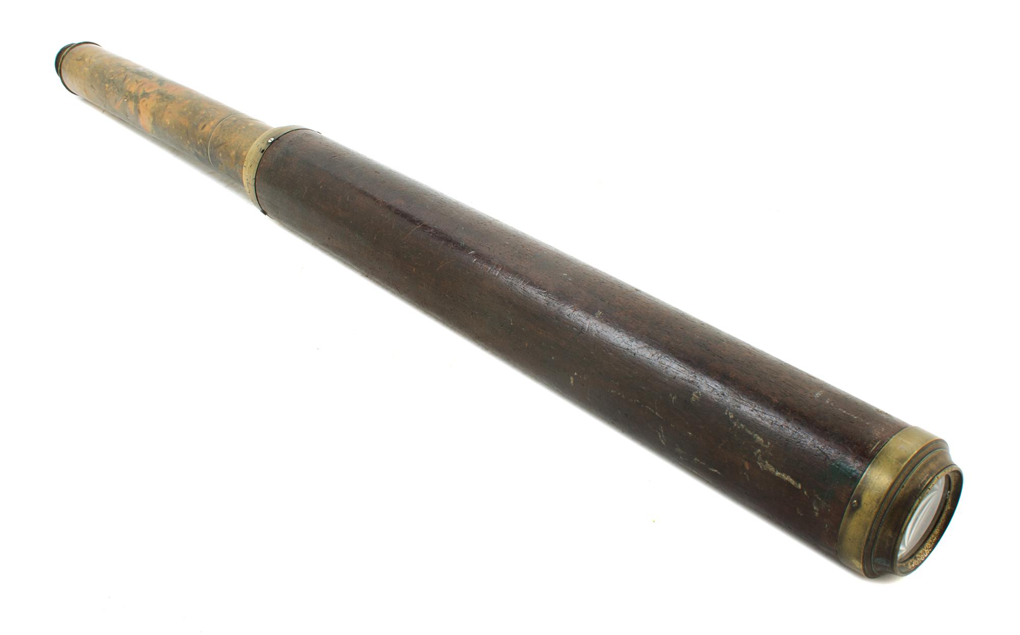 A 1 1/2 Inch Wood Body Single-Draw Hand Telescope Length 19 3/4 inches.