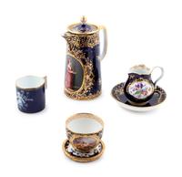 Four German Painted and Parcel Gilt Cobalt-Ground Porcelain Articles