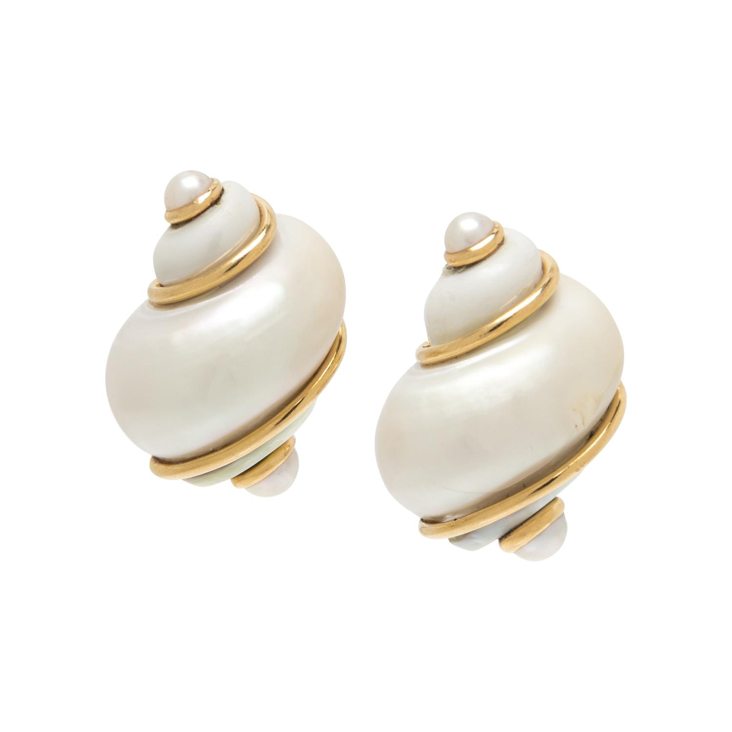 SEAMAN SCHEPPS, SHELL AND CULTURED PEARL EARCLIPS