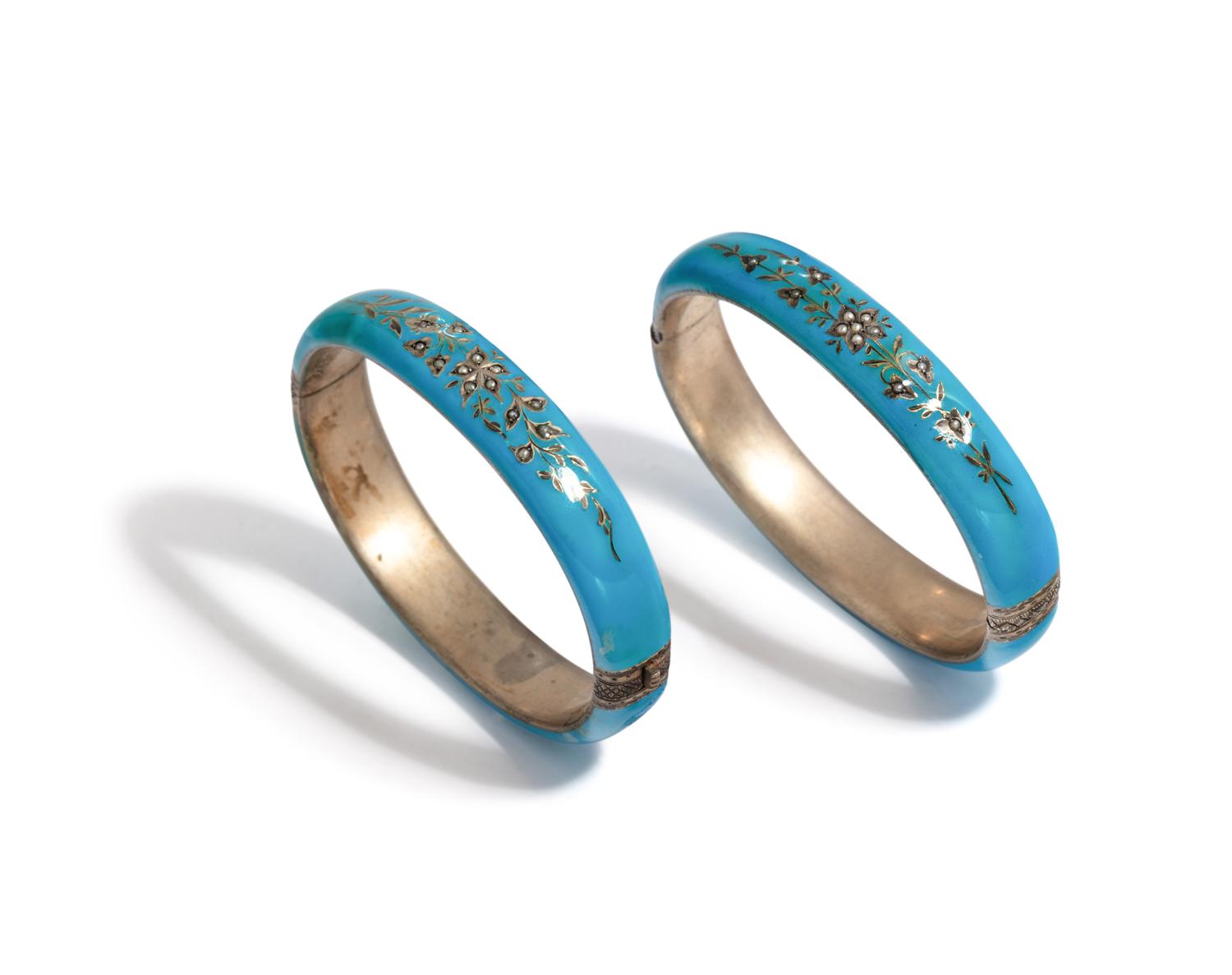 HUNGARIAN, ANTIQUE, ENAMEL AND SEED PEARL BANGLE BRACELETS
