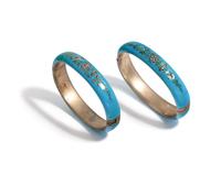 HUNGARIAN, ANTIQUE, ENAMEL AND SEED PEARL BANGLE BRACELETS