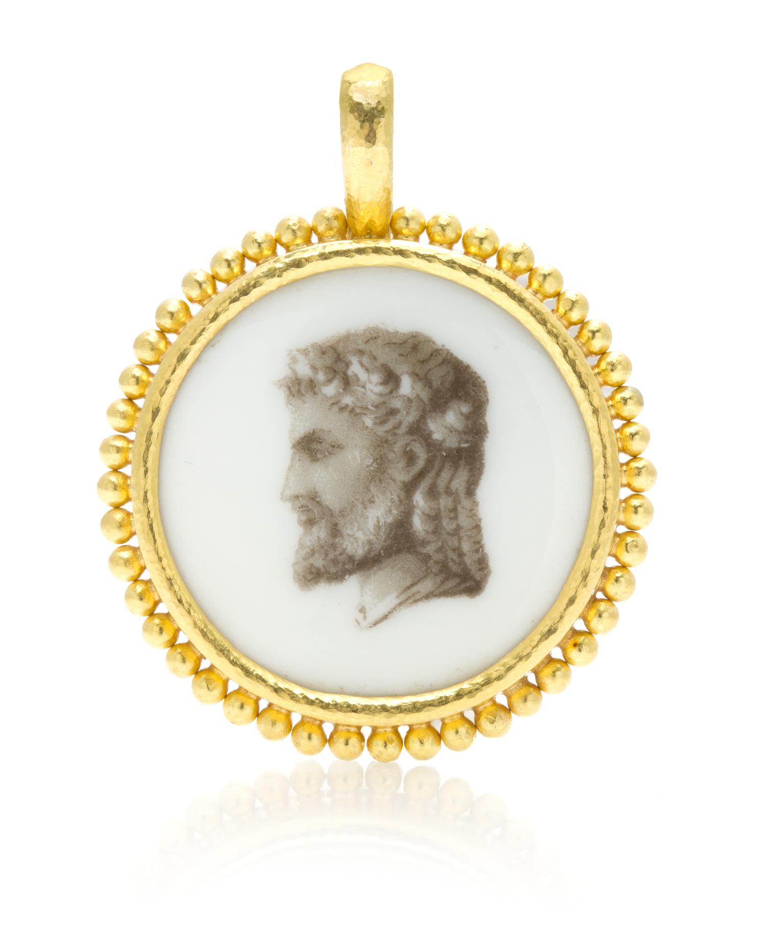 A 19 Karat Yellow Gold and Antique Button Pendant, Elizabeth Locke, 14.70 dwts.