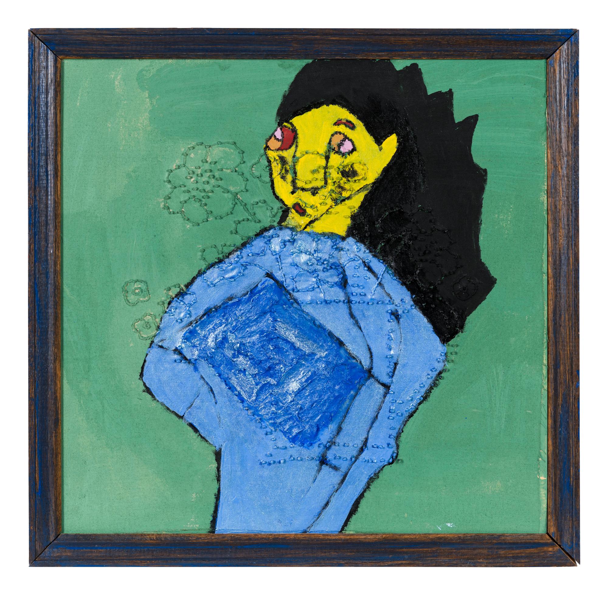 Untitled (Yellow Faced Woman in Blue Dress with Flowers)