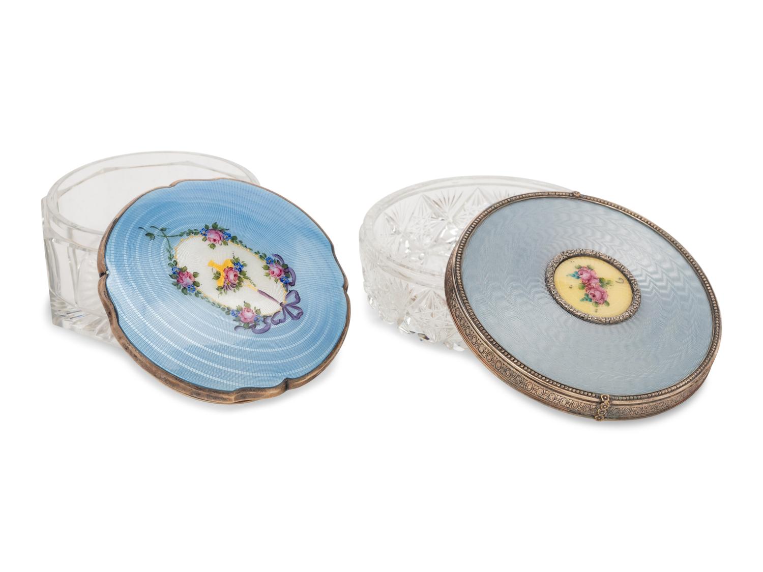 Two Continental Guilloché Enamel and Silver Mounted Glass Dresser Jars