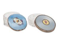 Two Continental Guilloché Enamel and Silver Mounted Glass Dresser Jars