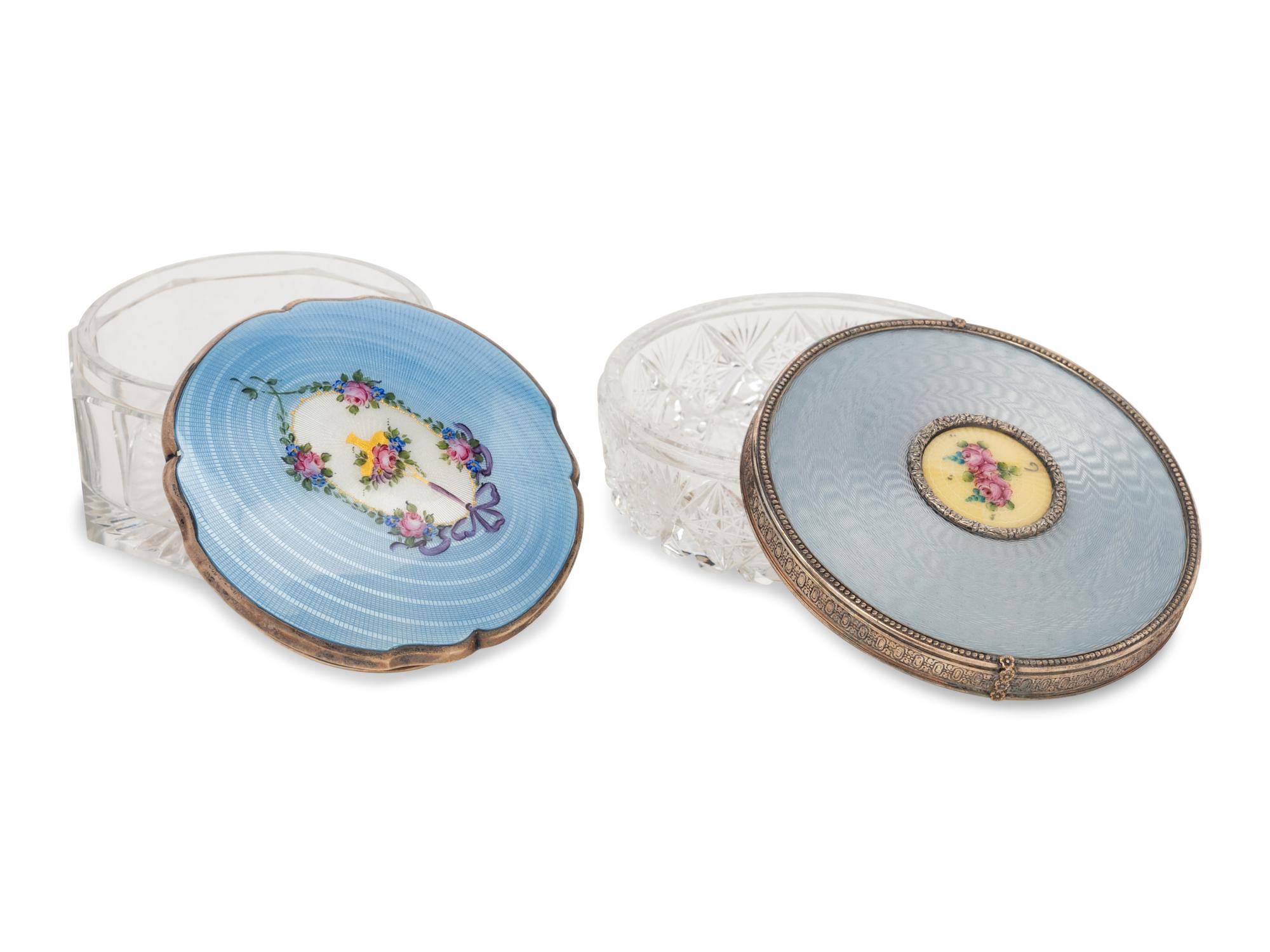 Two Continental Guilloché Enamel and Silver Mounted Glass Dresser Jars