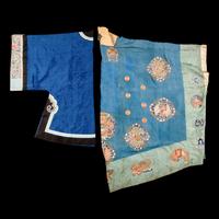 Two Chinese Blue Ground Silk Robes, Late Qing Dynasty 清晚期 藍地盤金繡游龍瑞獸纹道袍及藍地織錦女褂
