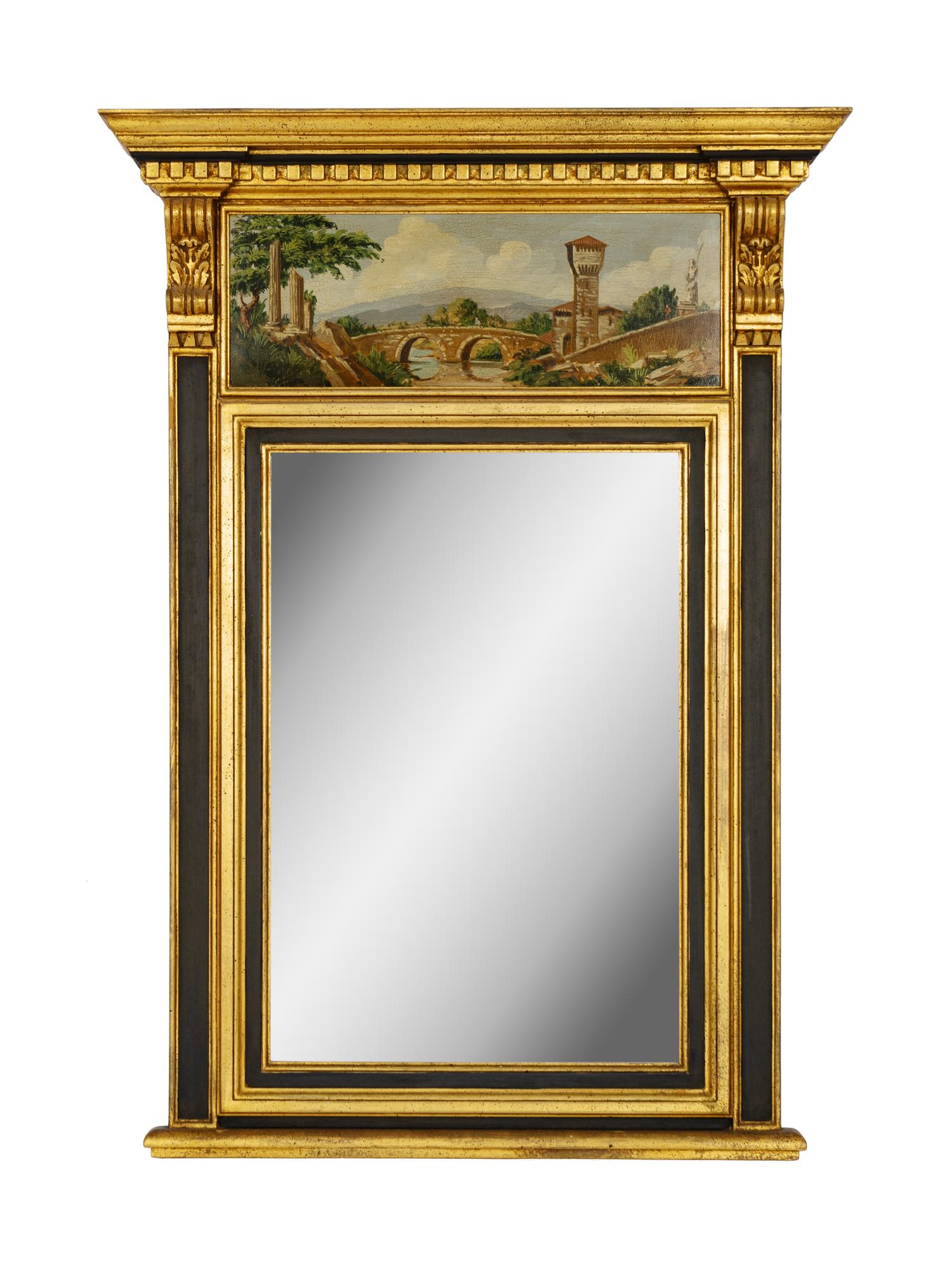 An Italian Parcel Gilt and Ebonized Trumeau Mirror