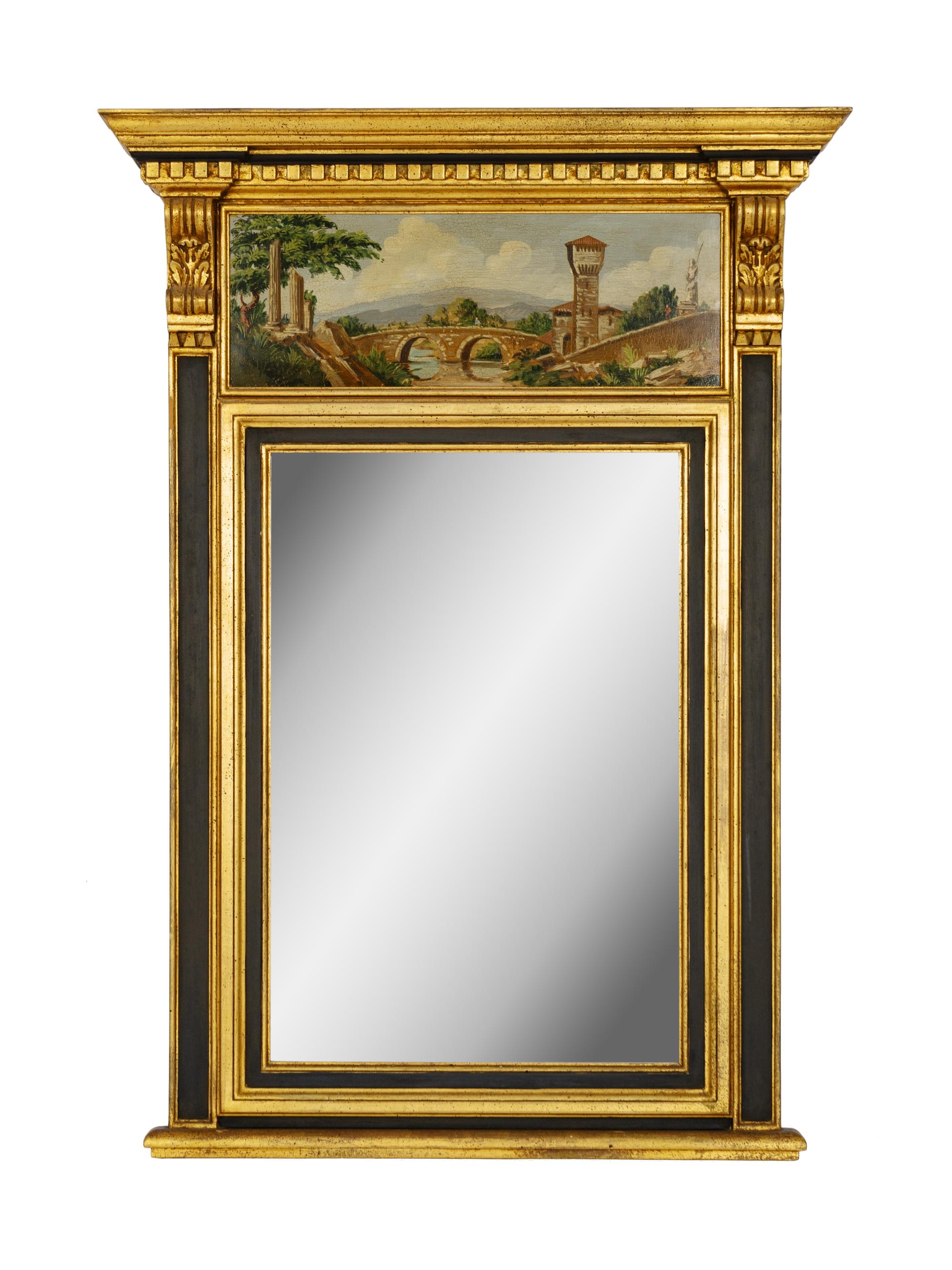 An Italian Parcel Gilt and Ebonized Trumeau Mirror