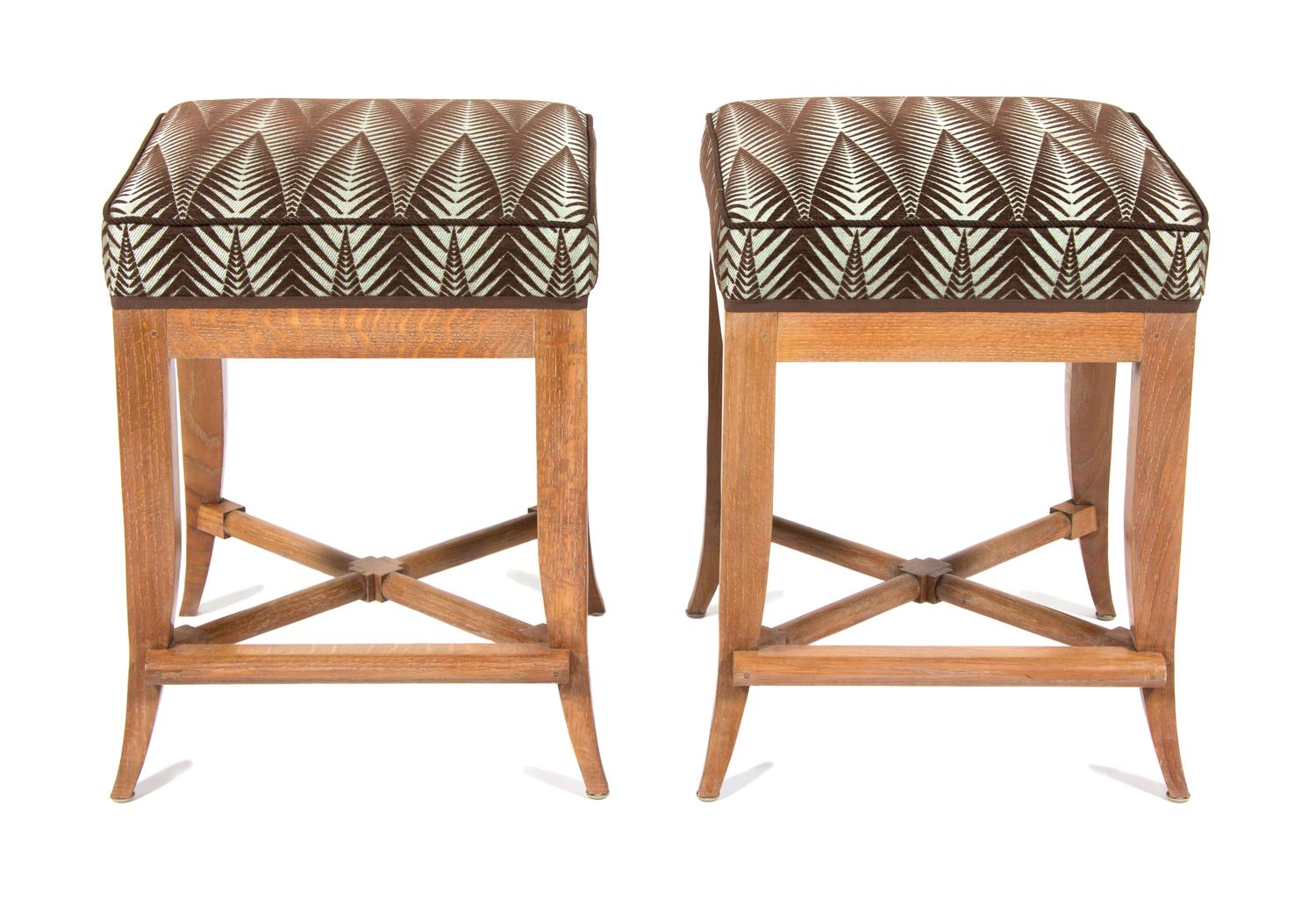 A Pair of Contemporary Upholstered Oak Stools Height 24 x length 18 x width 18 inches. — 20TH CENTURY