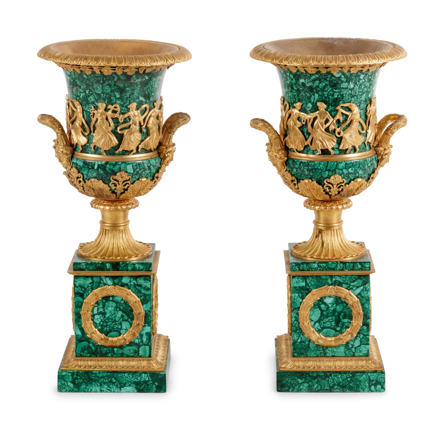 A Pair of Empire Style Gilt Bronze Mounted Malachite Veneered Urns