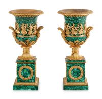 A Pair of Empire Style Gilt Bronze Mounted Malachite Veneered Urns