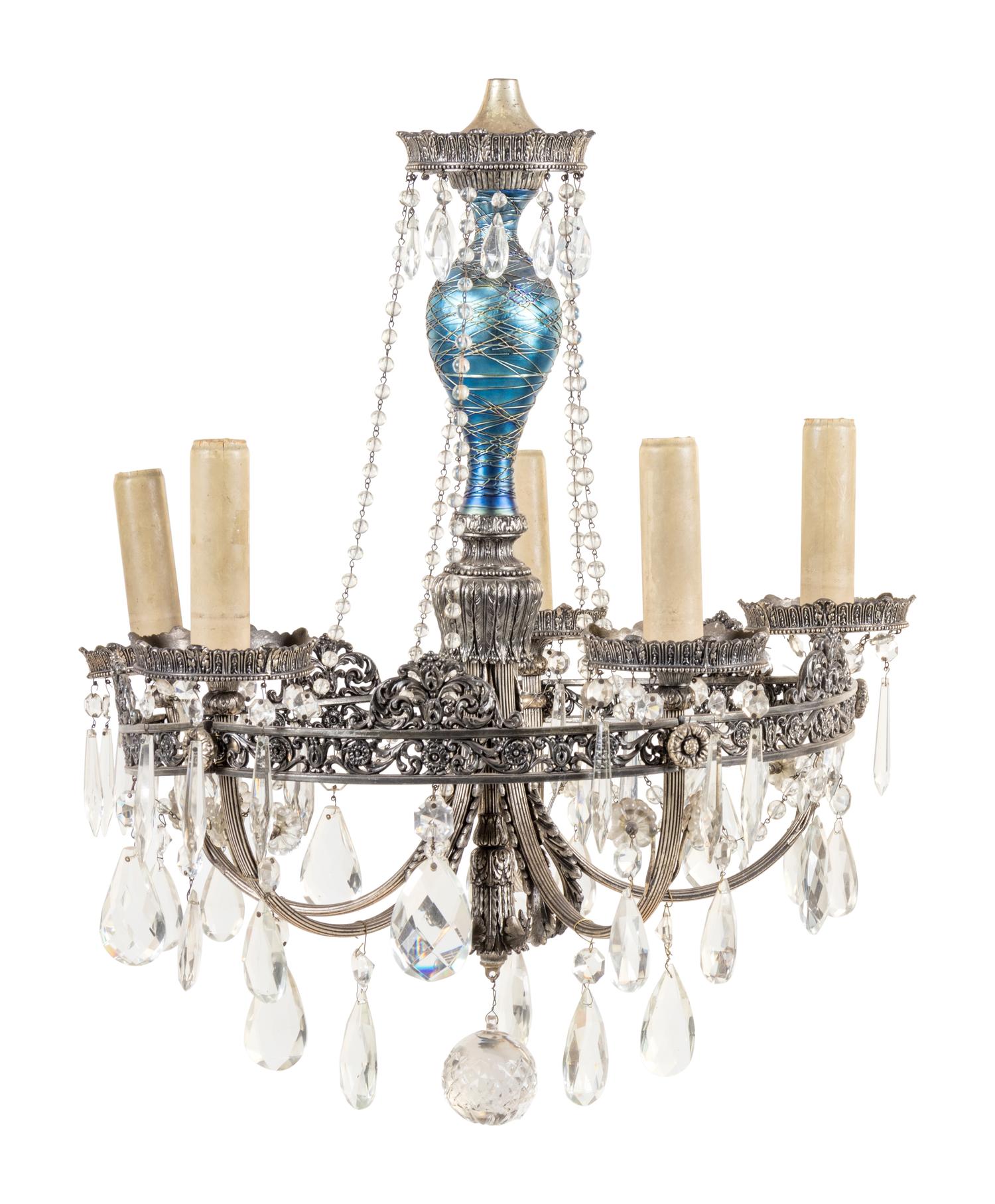 An American Iridescent Glass-Mounted Chandelier Attributed to Durand