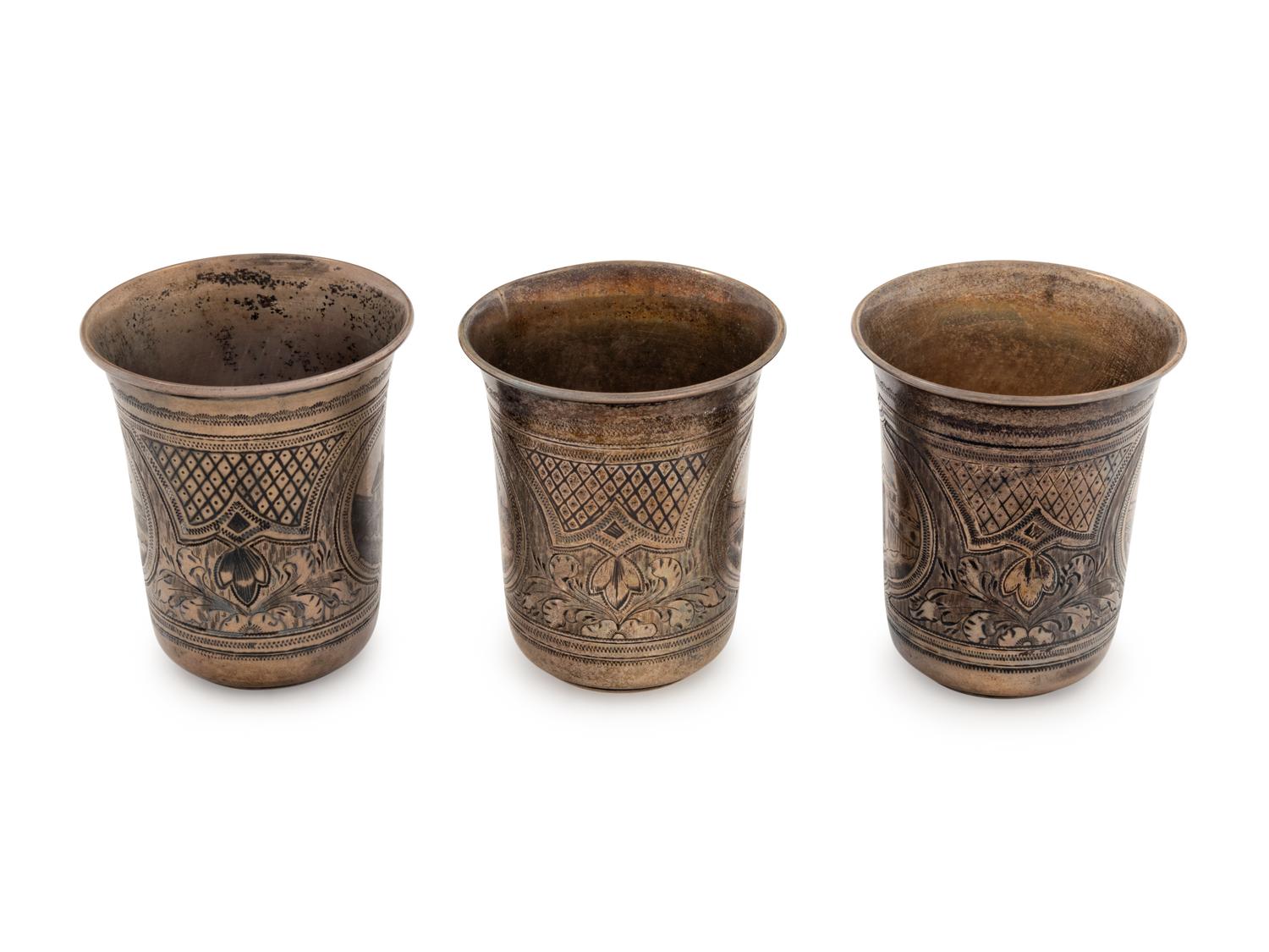 A Set of Three Russian Niello Silver Tumblers