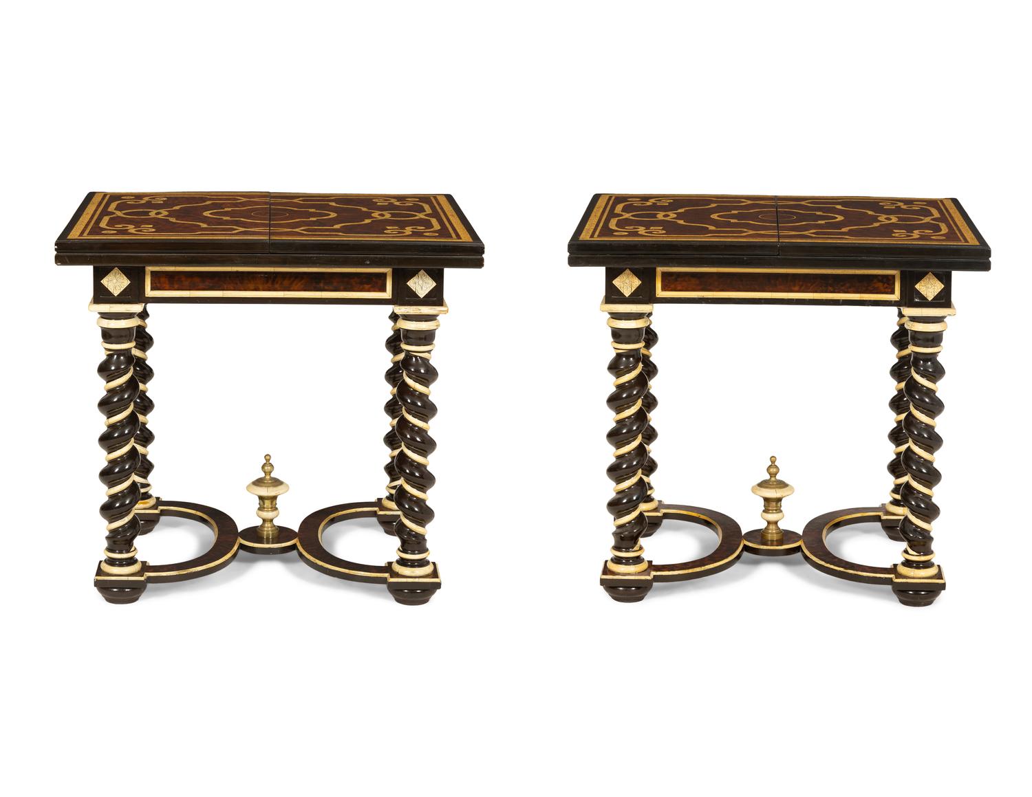 A Pair of Northern Italian Style Faux Bone and Faux Tortoise Shell Ebonized Tables