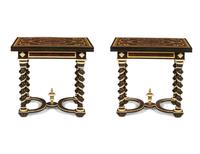 A Pair of Northern Italian Style Faux Bone and Faux Tortoise Shell Ebonized Tables